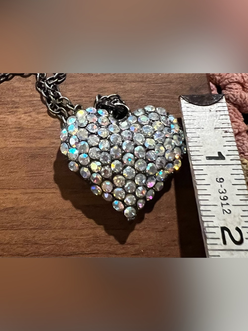 Iridescent Rhinestone Heart Pendant Statement Necklace Silver Tone 18 inches - Picture 10 of 11